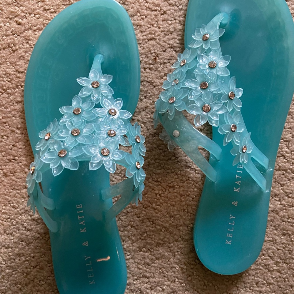 Teal and floral jelly sandals, size 9, never worn